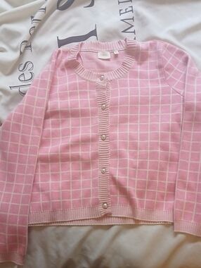Cyrus Chic Pink Windowpane Pearl-Button Cardigan Sweater XL